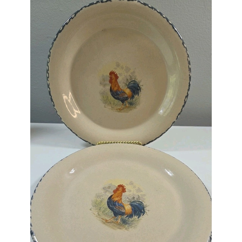 Vintage 2000 Rooster Home & Garden Party 8" Salad Stoneware Plates Set Of 2